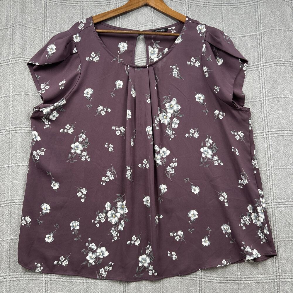 Papermoon Bastille Blouse Plus Size 3X Mauve Purple Floral Tulip Sleeve Pleated